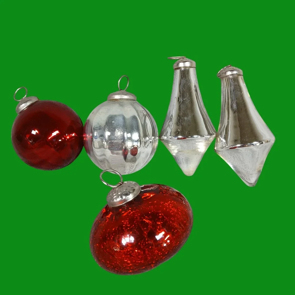 Mercury Glass Christmas Ornaments Kugel Style Crackle Red Silver Vintage 1950s